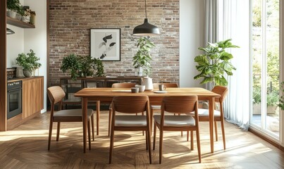 Bright living room with a wooden dining table and chairs, exposed brick wall, and natural light flooding the space.