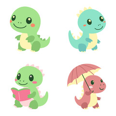 Set of Cute Baby Dinosaur Mascot Cartoon Character Playing While Smiling