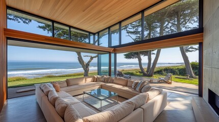 Fototapeta premium Luxury modern living room with large sectional sofa and minimalist design.