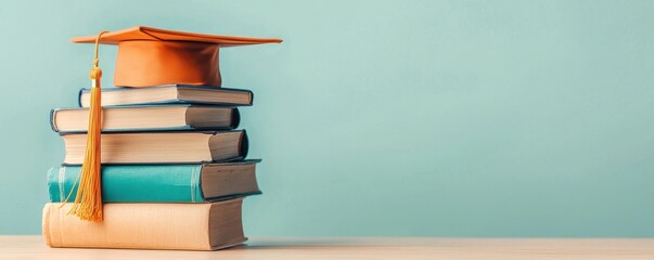 A stylish stack of books with a graduation cap, symbolizing education and achievement. Ideal for academic themes and promotions.