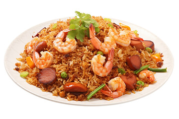 Fried rice on transparent background. Fried rice  themes. Asian cuisine themes. Asian restaurant. Paella cooking. PNG cut out. Image for graphic designer. Image for flyers.