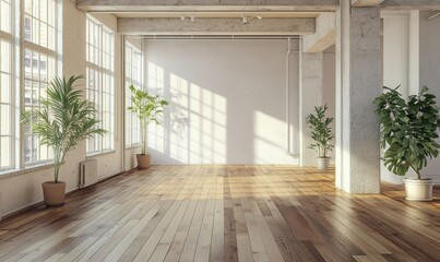 Obraz premium Empty loft room with wooden flooring, potted plants, and a modern, airy feel.