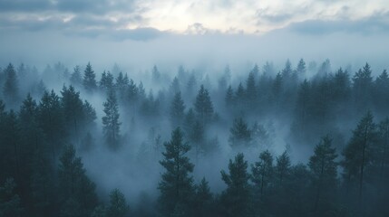 Enigmatic fog over a lush pine forest at dusk 