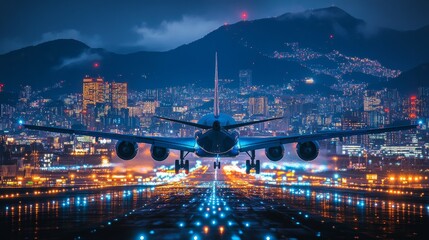 Obraz premium Airliner landing. Twin turbine airplane, airliner landing at busy airport. Aviation. Travel. Airplane. Tourism.