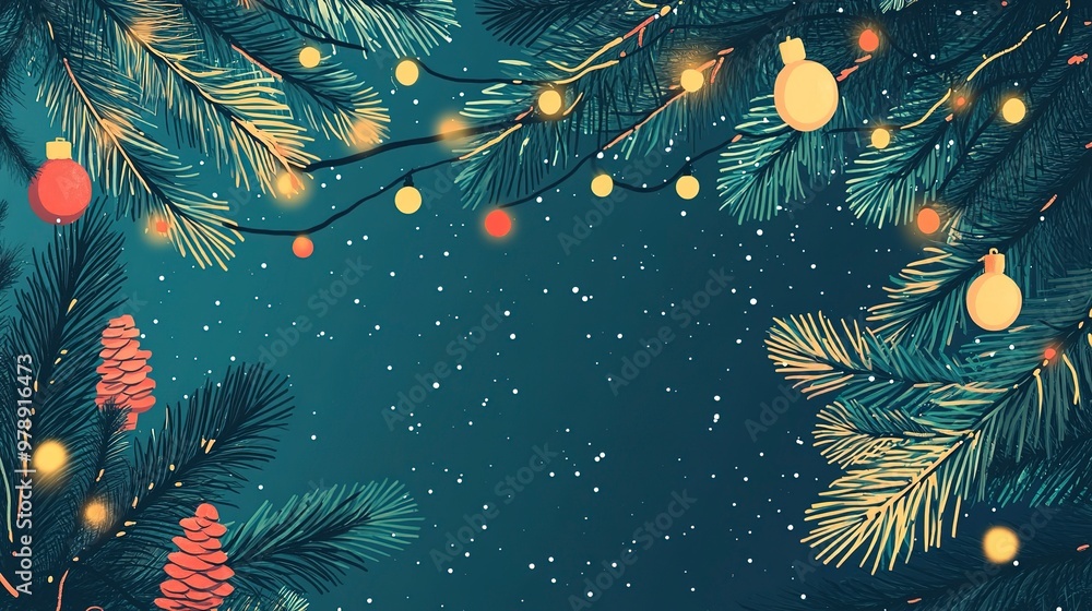 Poster festive pine branches, christmas lights overhead, flat design illustration