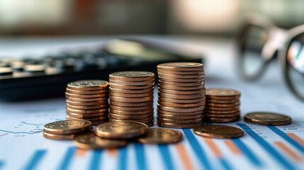 Close-up shot of stacked coins and a calculator placed on a financial report, symbolizing investment, savings, and business financial analysis.