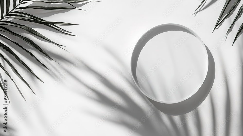 Poster minimalistic white top view flat lay product display background with podium stand and palm leaf shad