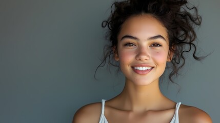 A Captivating Portrait of a Young Woman Radiating Joy and Beauty with a Bright Smile Against a Soft Neutral Background.