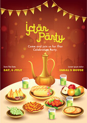 Creative Invitation Card design with date and time details, stylish text of Iftar Party Celebration.