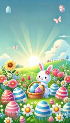 A cute bunny holding a basket filled with colorful Easter eggs surrounded by vibrant flowers and butterflies, set against a bright sunrise landscape, conveying joy and celebration.