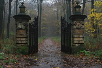 Old iron gate opening onto a path leading into a misty forest