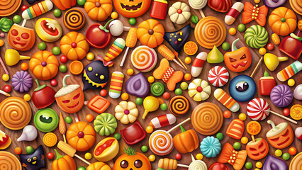 Seamless pattern of assorted Halloween candies and sweets , Halloween, candy, sweets, treats, trick or treat, seamless