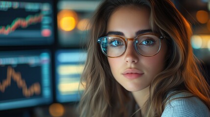 Businesswoman with glasses reviews financial data on monitors in a trading environment, emphasizing financial analysis and real-time market tracking.
