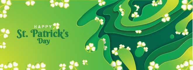 Green paper layer cut background decorated with clover leaves for Happy St. Patrick's Day celebration. Header or banner design.