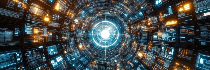Abstract Digital Funnel of Technology Elements Symbolizing Big Data, Communication, and Innovation