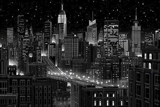 Fototapeta A monochromatic nighttime cityscape illustration black and white New York City at night with skyscrapers, bridges, windows lights noir urban background NY night life skyline beautiful