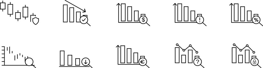 Line graph chart, chart icons set with search magnifying glass. Statistics or analytics icons. Vector icons