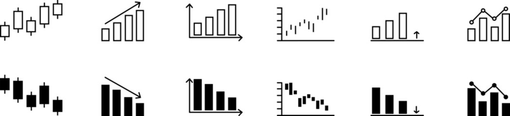 Graph chart, growth or decline chart icons set. Statistics or analytics icons. Vector icons