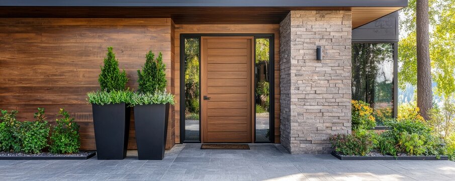 Modern entrance featuring a wooden door with elegant planters, surrounded by stylish landscaping and natural light.