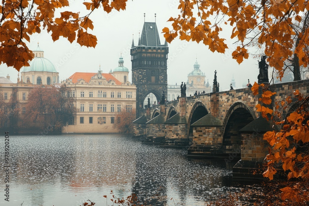 Wall mural charles bridge framed by autumn leaves on a rainy day in prague