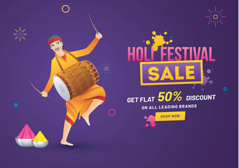 Holi festival sale poster or banner design with illustration of dholi (Drummer) playing dhol (Drum) for festival of colors celebration.