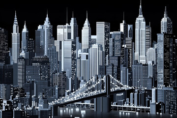 Fototapeta premium A monochromatic nighttime cityscape illustration black and white New York City at night with skyscrapers, bridges, windows lights noir urban background NY night life skyline beautiful