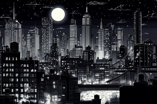 Fototapeta A monochromatic nighttime cityscape illustration black and white New York City at night with skyscrapers, bridges, windows lights noir urban background NY night life skyline beautiful