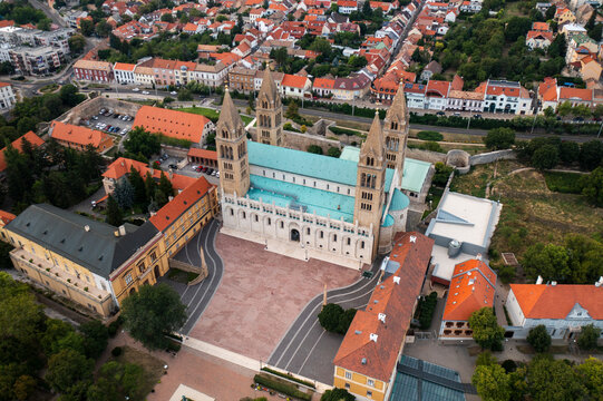 Aerial view of the beautiful historic architecture and rooftops of the old town, Pecs, Baranya County, Hungary.