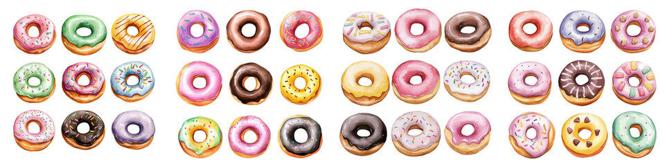 A colorful assortment of donuts, showcasing various toppings and flavors, perfect for dessert lovers and food photography.