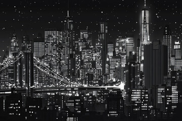 Fototapeta premium A monochromatic nighttime cityscape illustration black and white New York City at night with skyscrapers, bridges, windows lights noir urban background NY night life skyline beautiful