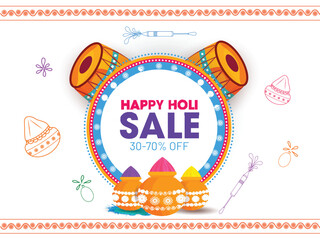 Flat style festival elements such as color pot and dhol (Drum) illustration for Happy Holi sale poster or banner design.