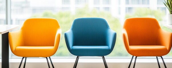Obraz premium Abandoned startup office with colorful but empty workstations, modern decor left unused, panoramic window view, dynamic angle, balanced tones, clear focus on detail