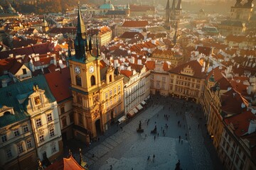 Fototapeta premium Tourists walking in old town square in prague at golden hour