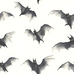 Naklejka premium Intricate Watercolor Pattern of a Shadowy Bat Colony in Flight on a White Background with Halloween Aesthetics