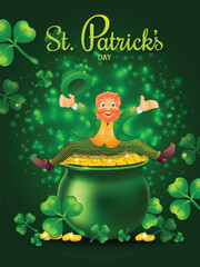 St. Patrick's Day celebration template design with illustration of happy leprechaun man sitting on coin pot.