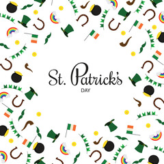 Festival elements decorated white background for St. Patrick's Day celebration concept. Can be used as greeting card design.