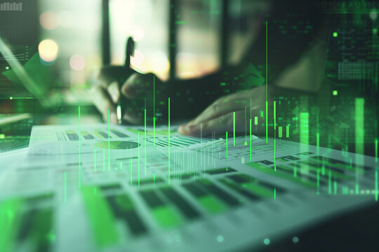 a background with graphs and bar charts overlaying an office setting, green lines and bars on the left side of screen