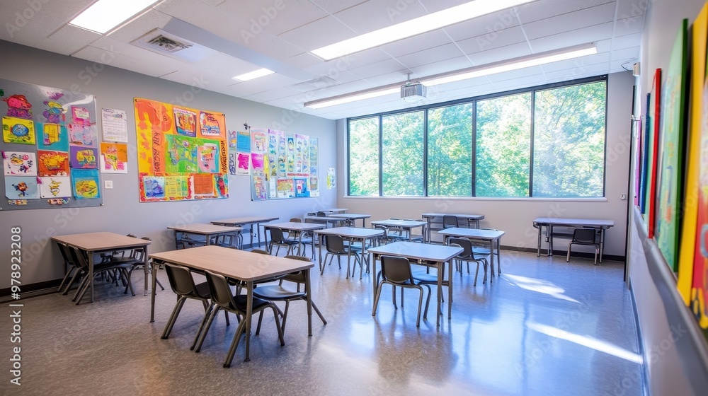 Poster a bright, empty classroom with colorful artwork on the walls and tables arranged for students.