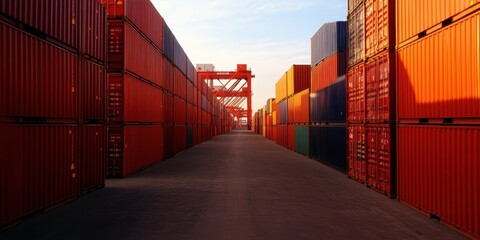 Fototapeta premium Stacked Cargo Containers in a Bustling Logistics Warehouse with Cranes and Freight Vehicles Transporting Goods for Import and Export Trade