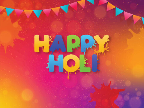 Colorful text Happy Holi color splash background for Indian Festival of colors celebration banner design.
