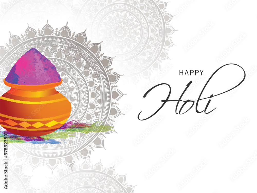 Poster happy holi celebration greeting card design with earthen pot full of dry colors on mandala decorated