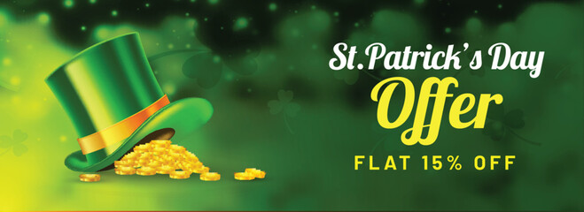 Advertising header or banner design with leprechaun hat, gold coins and 15% discount offer for St. Patrick's Day sale.