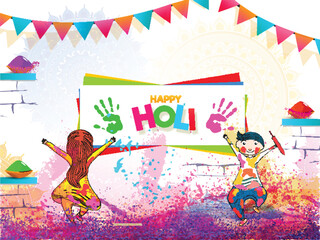 Obraz premium Cute kids playing with colours on occasion of Happy Holi celebration. Banner or poster design.
