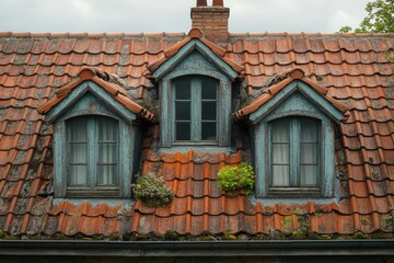 Obraz premium Dormer windows are illuminating the attic of a wooden house with a tiled roof
