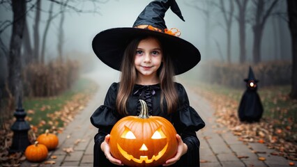 Fototapeta premium Young girl in witch costume holding jack-o'-lantern on autumn path