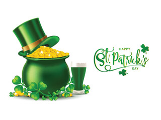 Glossy green pot full of gold coins with leprechaun hat and beer mug illustration on white background for Happy St. Patrick's Day celebration banner design.