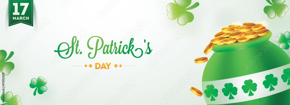 Poster 17 March, St. Patrick's Day header or banner design with traditional coin pot illustration on glossy background.