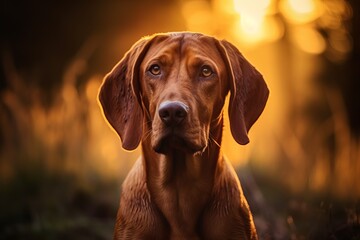 A golden hour portrait of a brown dog looking thoughtfully into the distance in a tranquil setting
