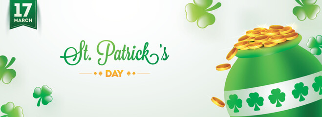 17 March, St. Patrick's Day header or banner design with traditional coin pot illustration on glossy background.