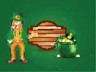 Leprechaun man with coin pot and hat illustration on green background for St. Patrick's Day celebration banner or poster design.